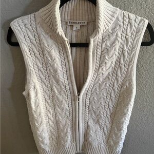 Pendleton Cable Knit Sweater Vest Zip Front Cotton Ivory Cream Womens S Preppy
